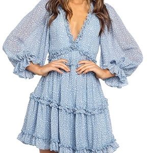 Sky Blue Long Sleeve Backless Ruffle Dress